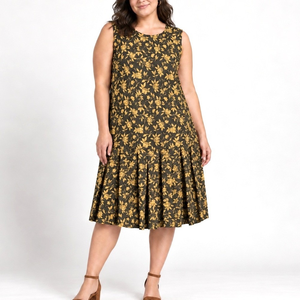 VTG 90s Elisabeth Liz by Claiborne Floral Drop Waist Pleated Dress Black Gold 16